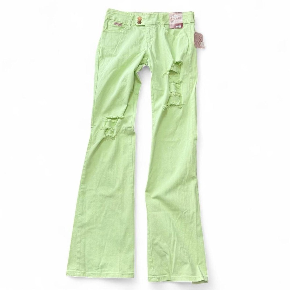 Y2K Watch LA Neon Green Low Rise Ripped Flare Jeans, Women's Size 5/6